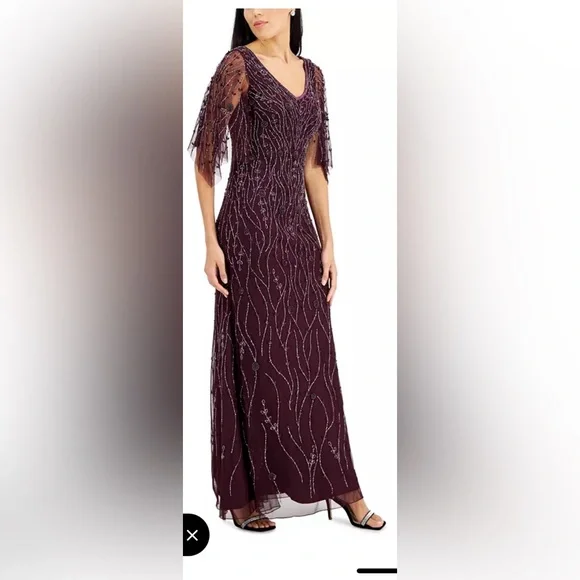 V-Neck Beaded Flutter Sleeve Formal Gown. Mother of the Bride Dress - Picture 6 of 8